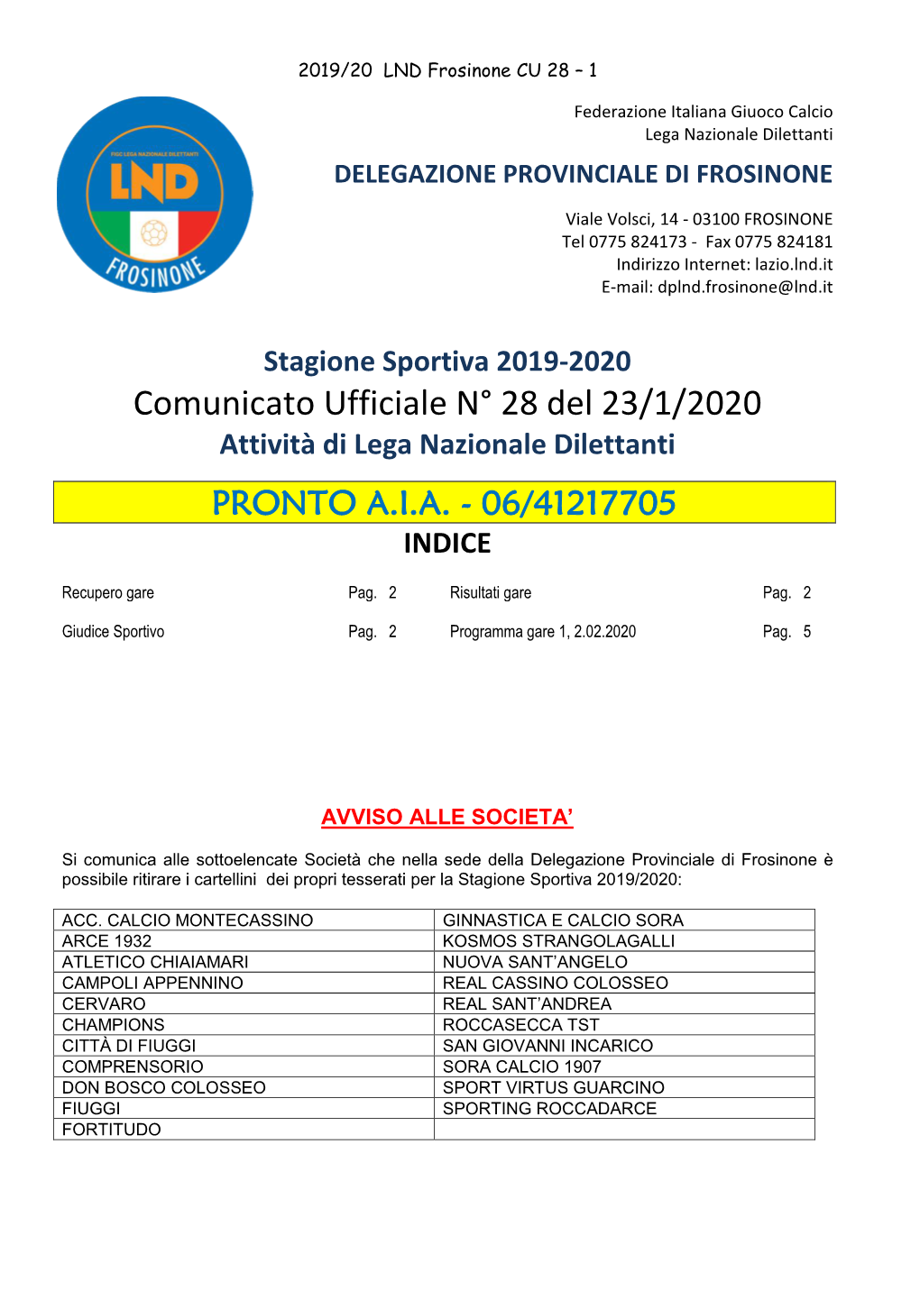 Comunicato Ufficiale N° 28 Del 23/1/2020 Attività Di Lega Nazionale Dilettanti