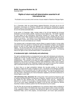 Rights of Return and Self Determination Asserted in All International Law