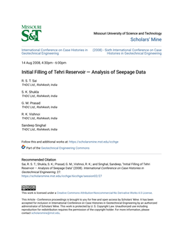 Initial Filling of Tehri Reservoir — Analysis of Seepage Data