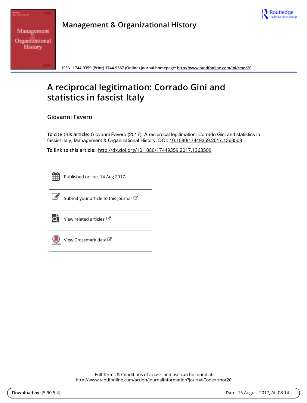 A Reciprocal Legitimation: Corrado Gini and Statistics in Fascist Italy