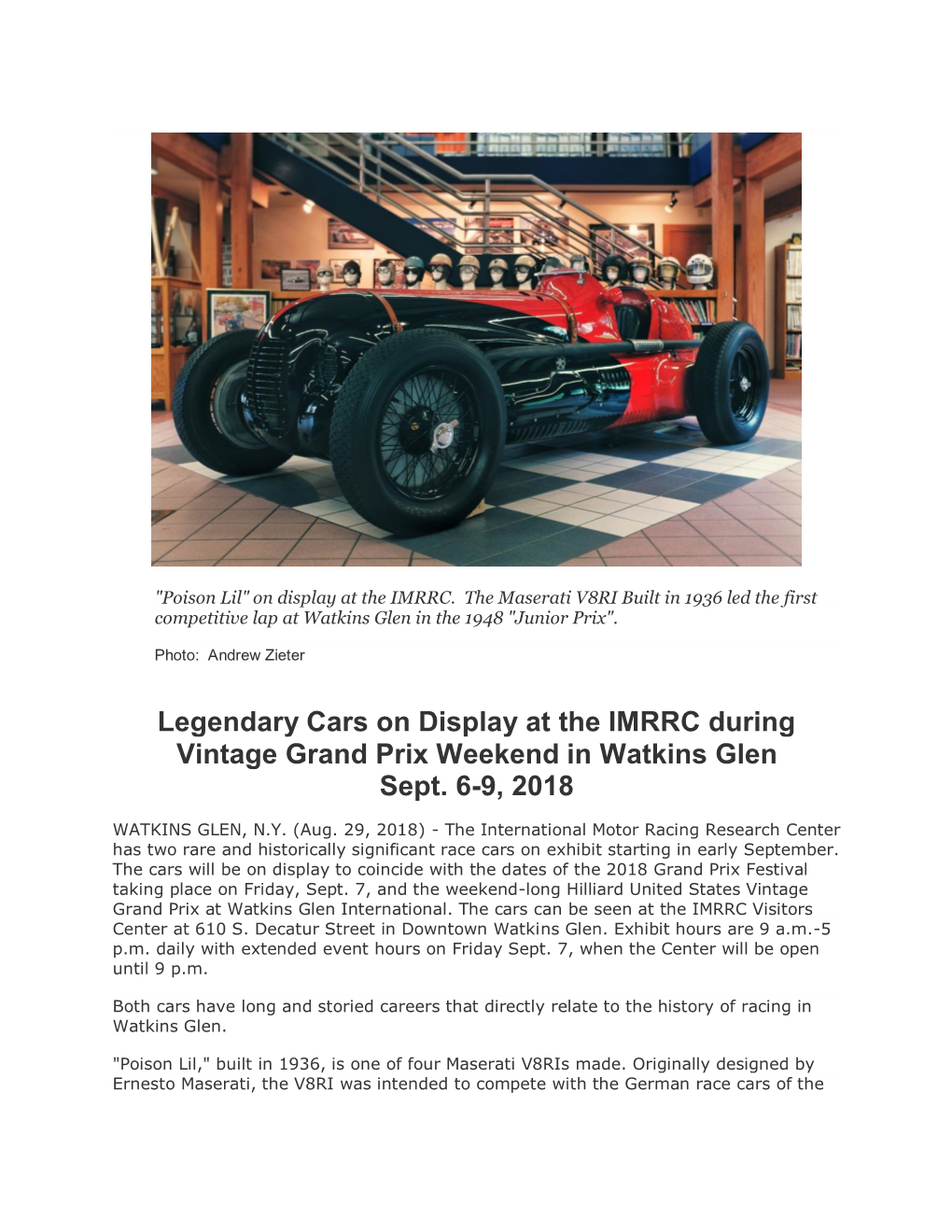 Legendary Cars on Display at the IMRRC During Vintage Grand Prix Weekend in Watkins Glen Sept. 6-9, 2018