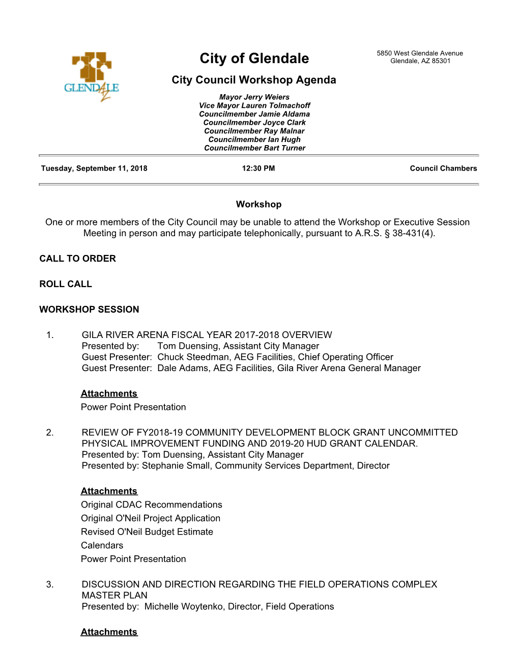 City of Glendale Glendale, AZ 85301 City Council Workshop Agenda