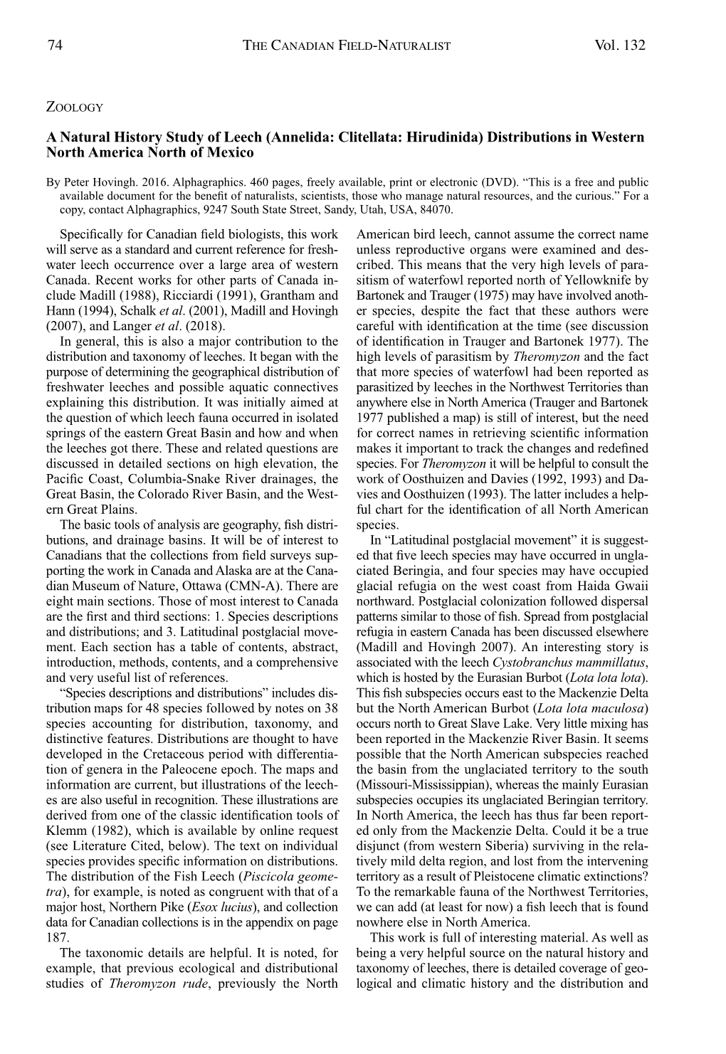 74 Vol. 132 a Natural History Study of Leech (Annelida: Clitellata: Hirudinida) Distributions in Western North America North