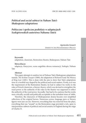 Political and Social Subtext in Nahum Tate's Shakespeare Adaptations Polityczne I Społeczne Podteksty W Adaptacjach Szekspi