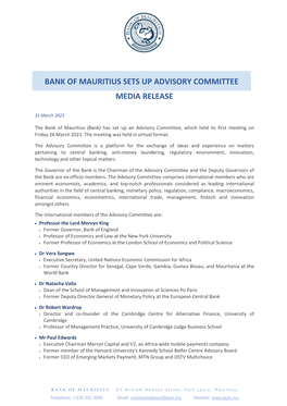 Bank of Mauritius Sets up Advisory Committee Media Release