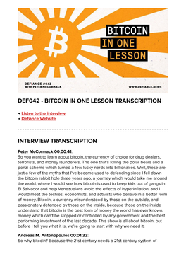 Def042 - Bitcoin in One Lesson Transcription