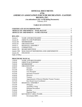 OFFICIAL DOCUMENTS of the AMERICAN ASSOCIATION for NUDE RECREATION - EASTERN REGION, INC