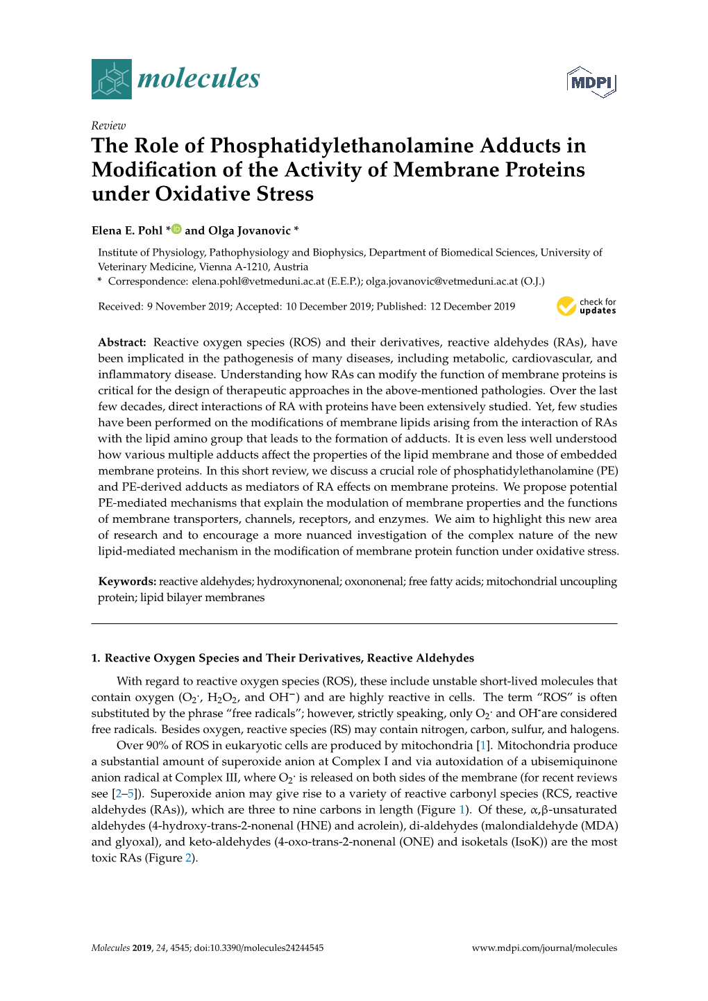 The Role of Phosphatidylethanolamine Adducts in Modiﬁcation of the Activity of Membrane Proteins Under Oxidative Stress
