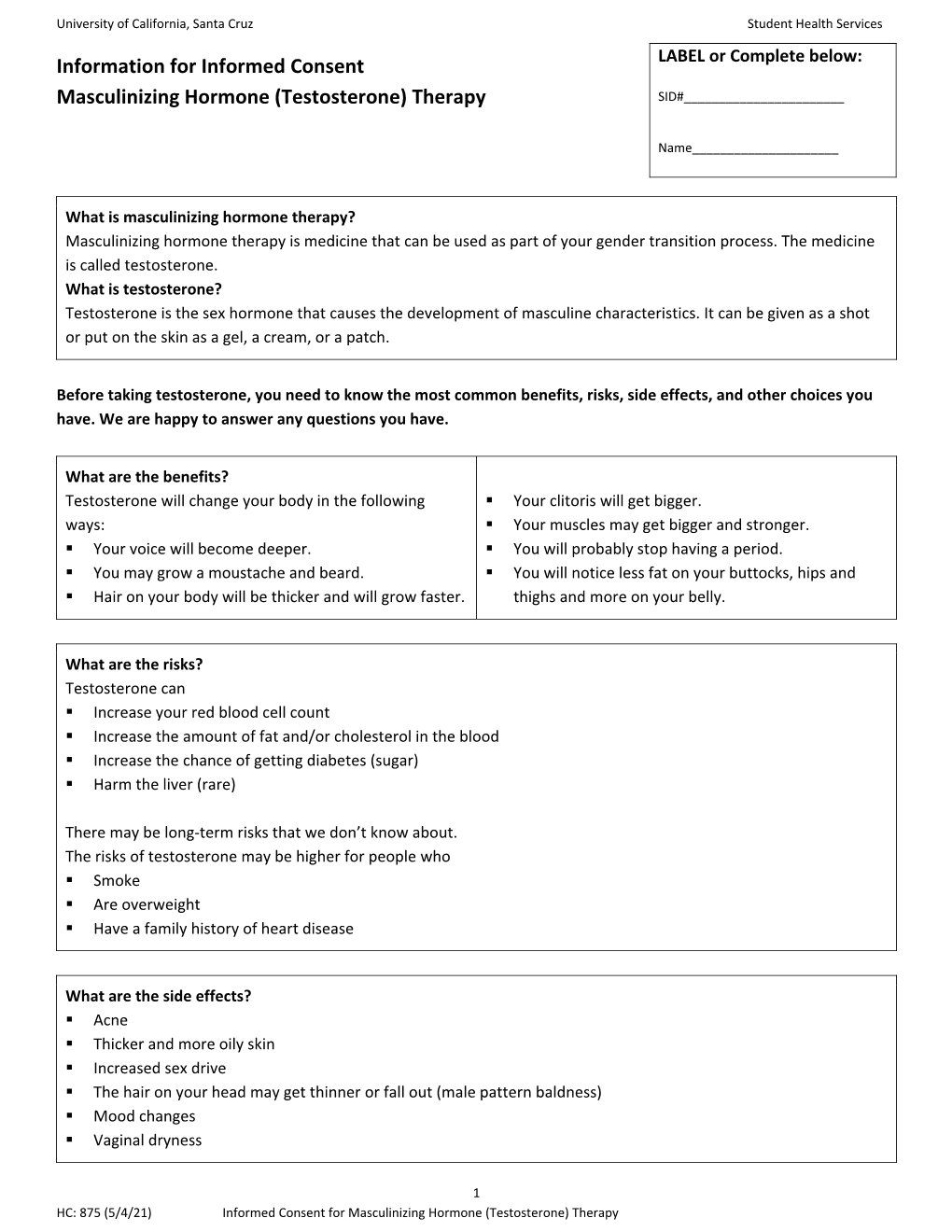 Informed Consent Masculinizing Hormone (Testosterone) Therapy