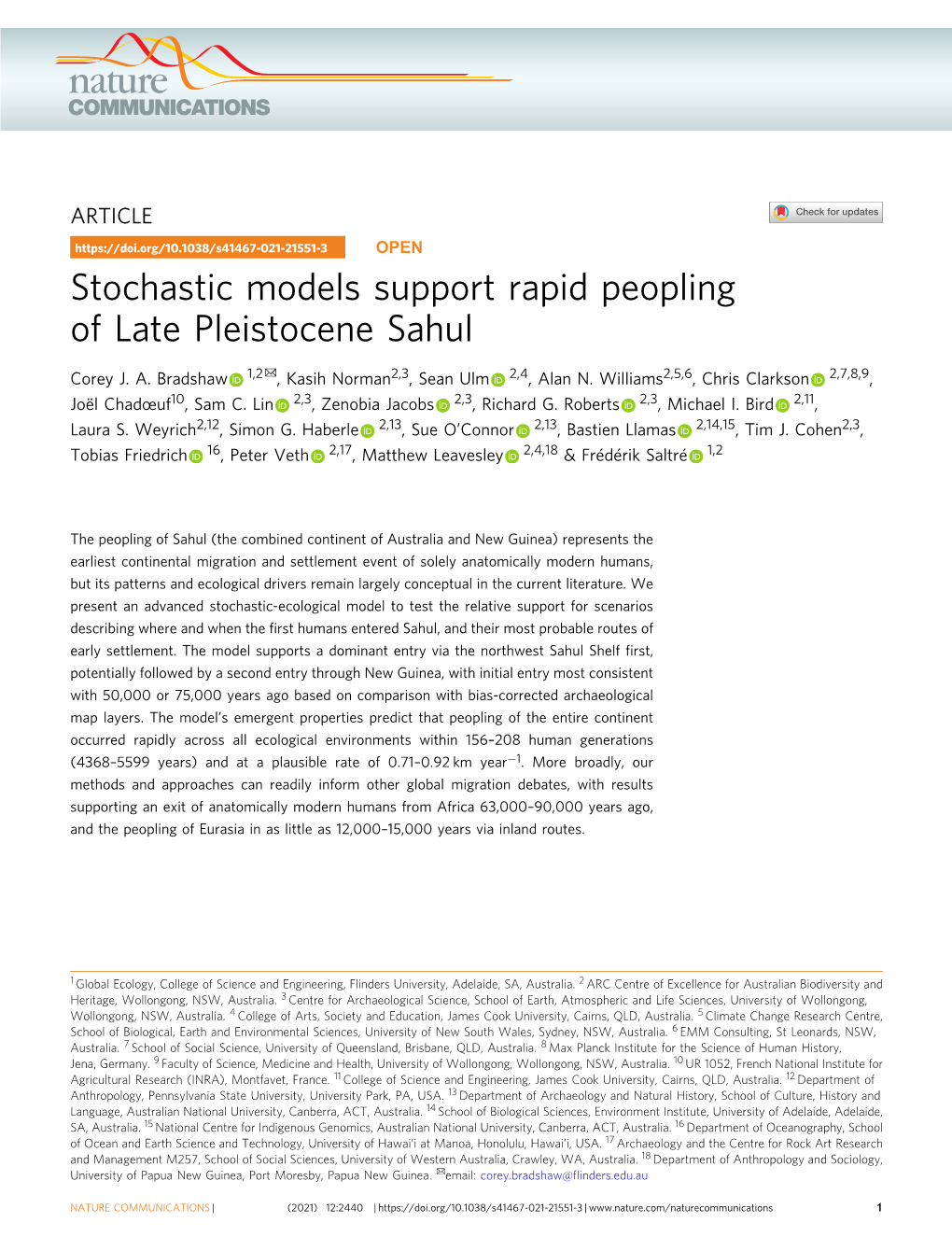 Stochastic Models Support Rapid Peopling of Late Pleistocene Sahul ✉ Corey J