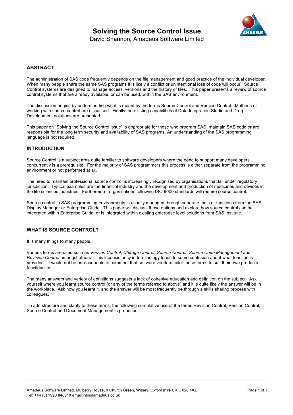 Solving the Source Control Issue David Shannon, Amadeus Software Limited
