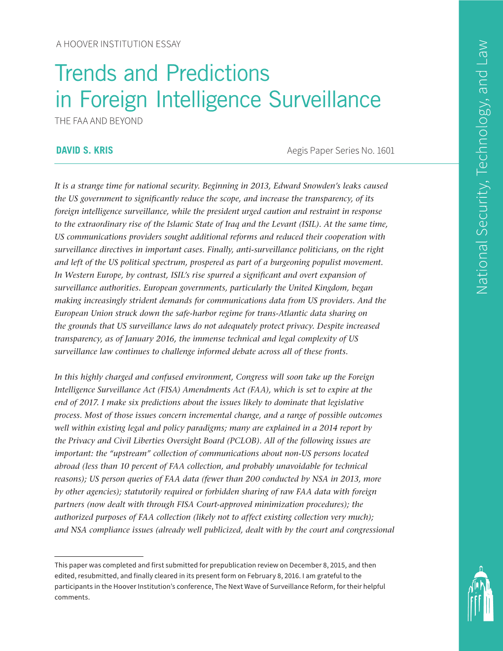 Trends and Predictions in Foreign Intelligence Surveillance 3