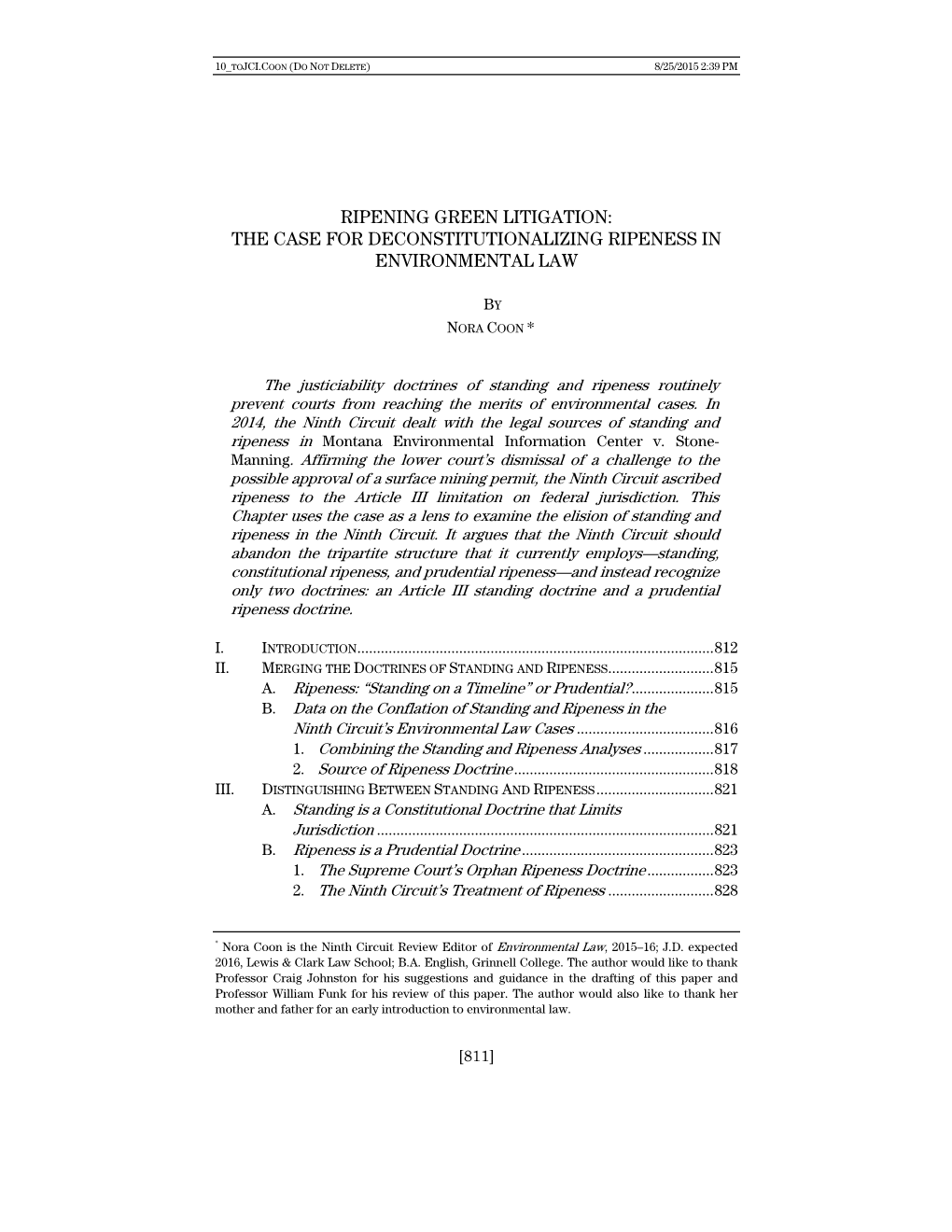 Ripening Green Litigation: the Case for Deconstitutionalizing Ripeness in Environmental Law