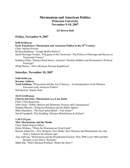 Mormonism and American Politics Princeton University November 9-10, 2007