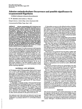 Adenine Aminohydrolase: Occurrence and Possible Significance in Trypanosomid Flagellates (Crithidia/Leishmania/ Coformycin/Deoxycoformycin) G