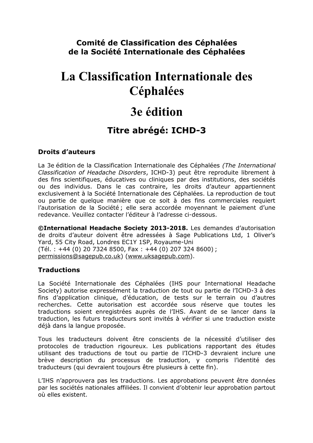 La Classification Internationale Des Céphalées 3E Édition Titre Abrégé: ICHD-3
