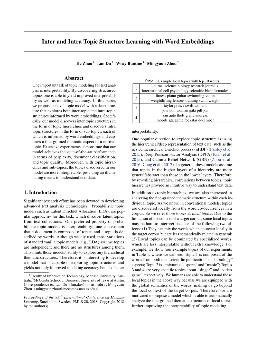 Inter and Intra Topic Structure Learning with Word Embeddings