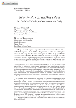 Intentionality Contra Physicalism on the Mind’S Independence from the Body