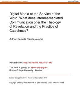 Digital Media at the Service of the Word: What Does Internet-Mediated Communication Oﬀer the Theology of Revelation and the Practice of Catechesis?