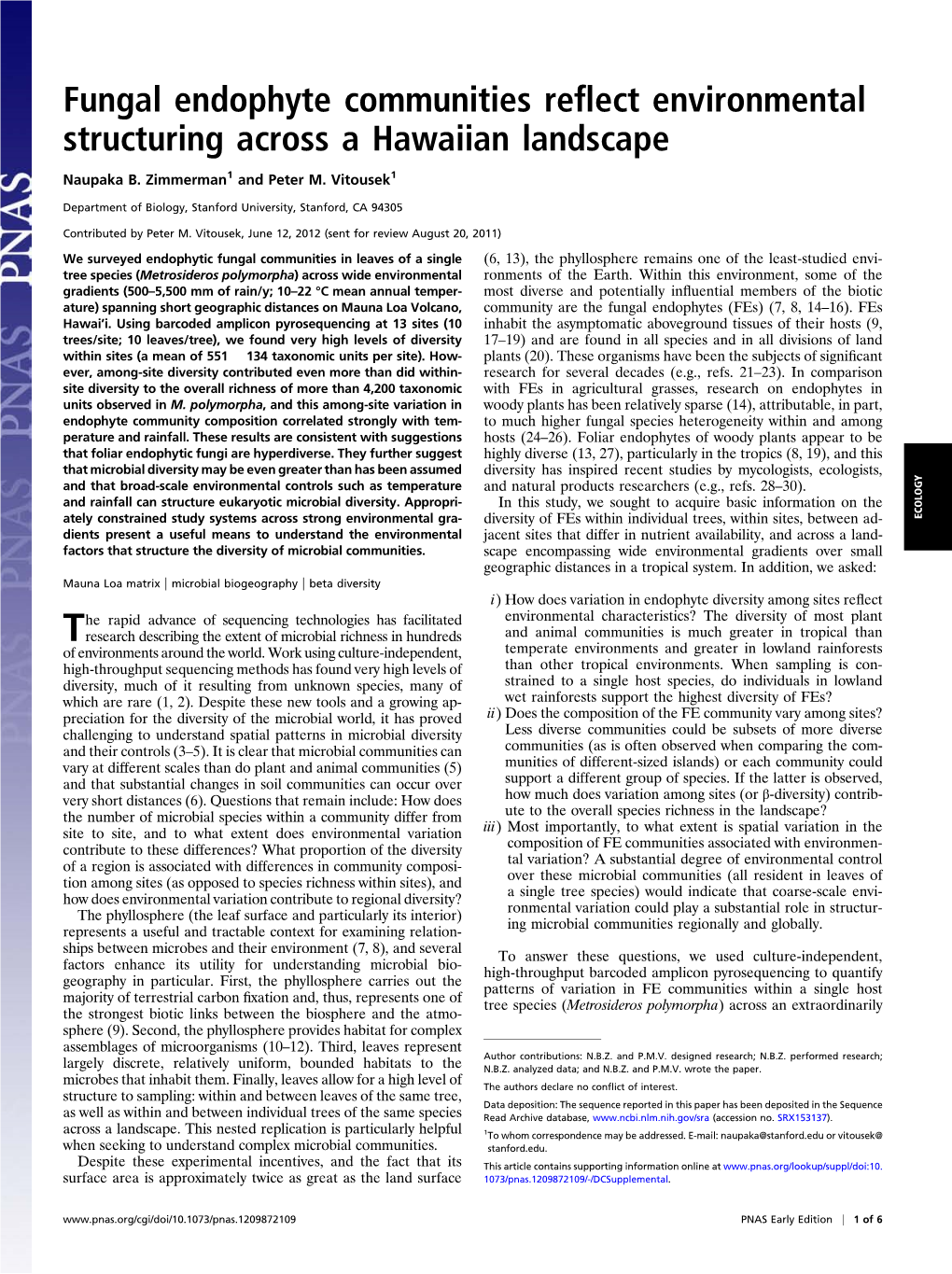 Fungal Endophyte Communities Reflect Environmental Structuring Across a Hawaiian Landscape