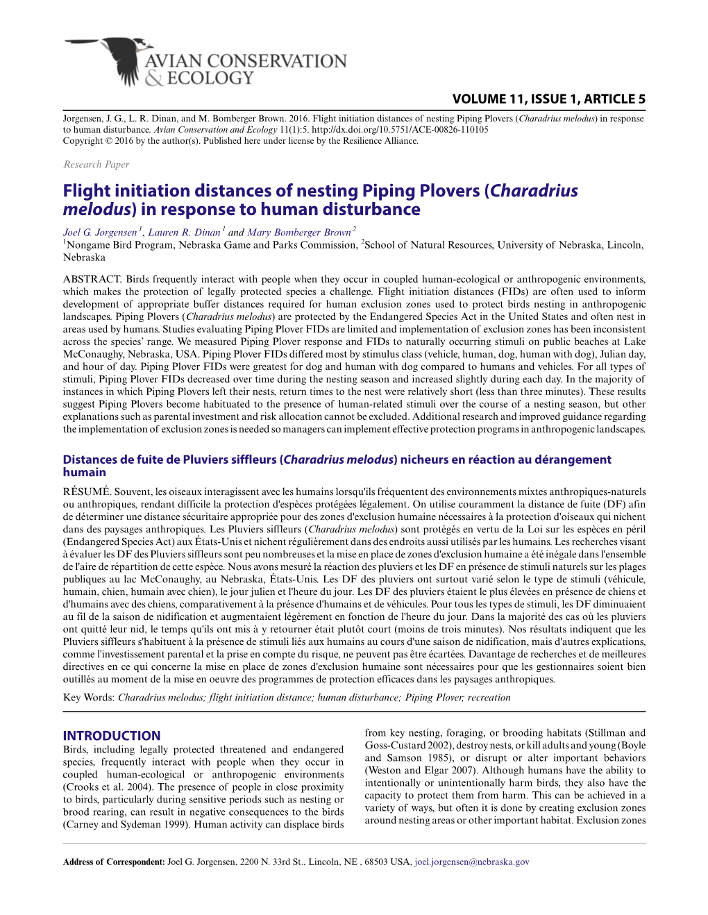 Flight Initiation Distances of Nesting Piping Plovers (Charadrius Melodus) in Response to Human Disturbance