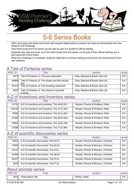 5-6 Series Books with Some Approved Series and Books with Sequels (Listed Below) a Student Can Read Any Three Books from the Series for the Challenge