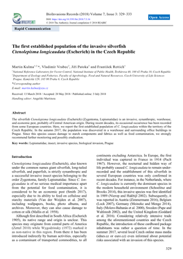 The First Established Population of the Invasive Silverfish Ctenolepisma Longicaudata (Escherich) in the Czech Republic