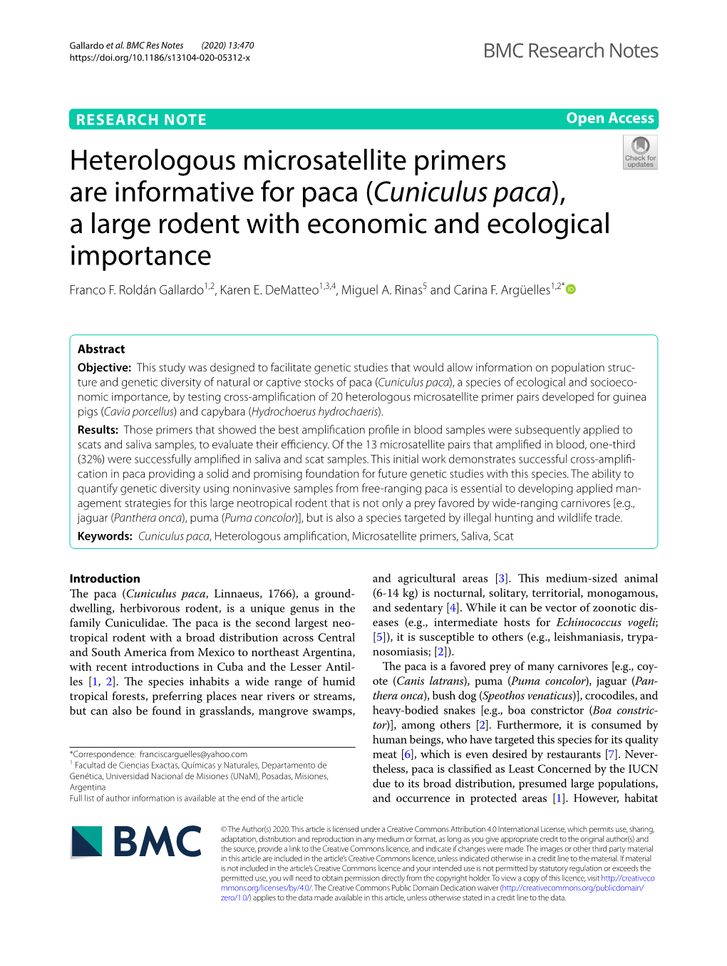 Heterologous Microsatellite Primers Are Informative for Paca (Cuniculus Paca), a Large Rodent with Economic and Ecological Importance Franco F