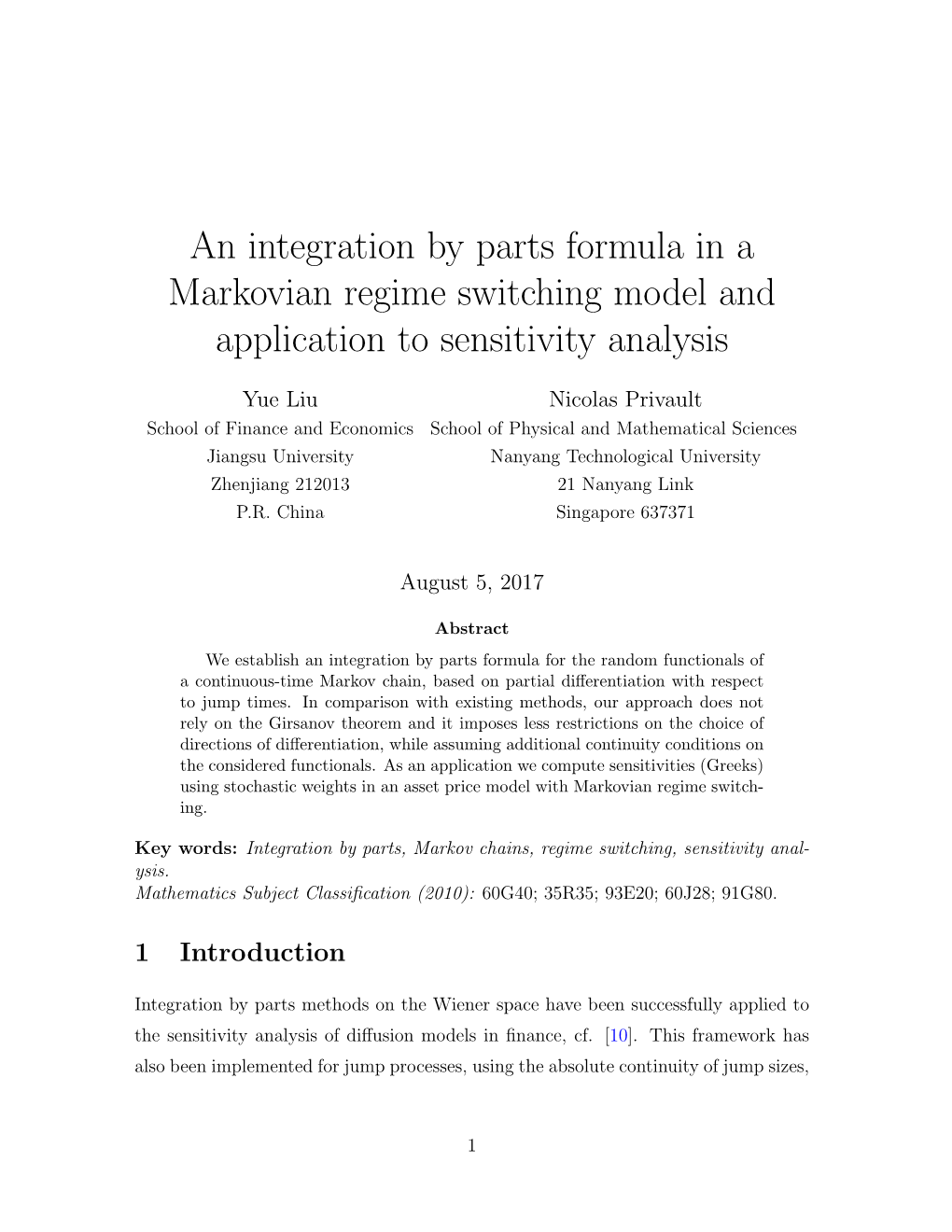 An Integration by Parts Formula in a Markovian Regime Switching Model and Application to Sensitivity Analysis
