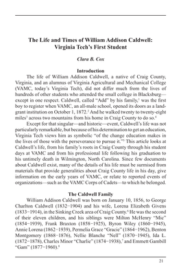 The Life and Times of William Addison Caldwell: Virginia Tech’S First Student