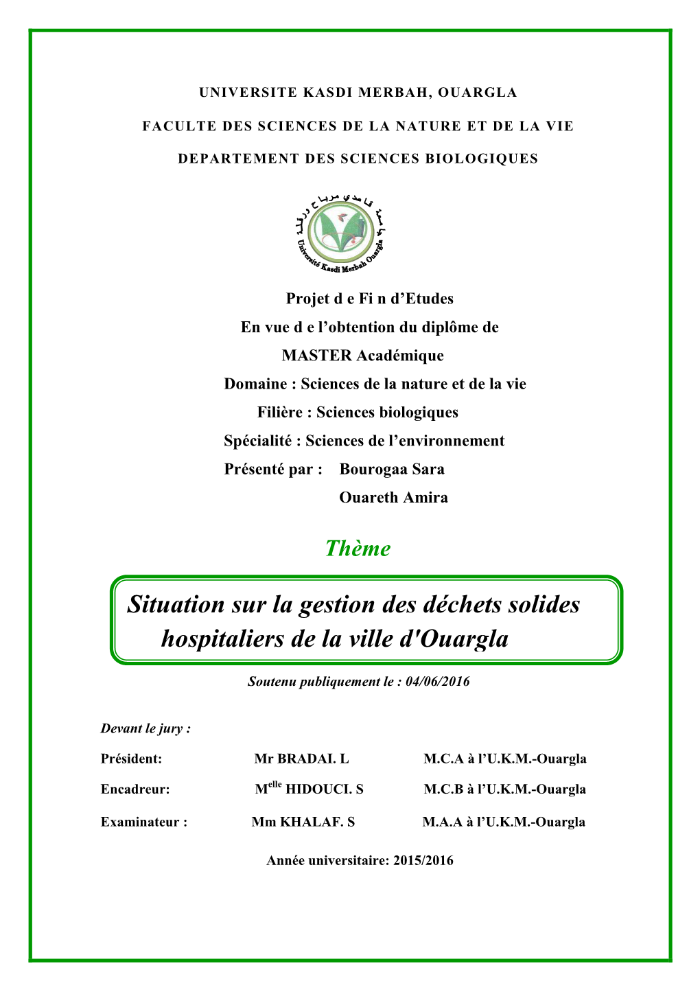 Situation Sur La Gestion Des Déchets Solides Hospitaliers De La Ville D'ouargla Page 1