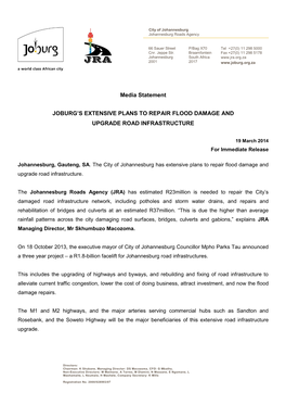 Media Statement JOBURG's EXTENSIVE PLANS to REPAIR