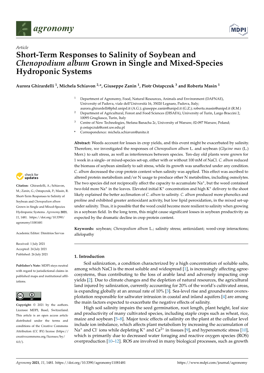 Short-Term Responses to Salinity of Soybean and Chenopodium Album Grown in Single and Mixed-Species Hydroponic Systems