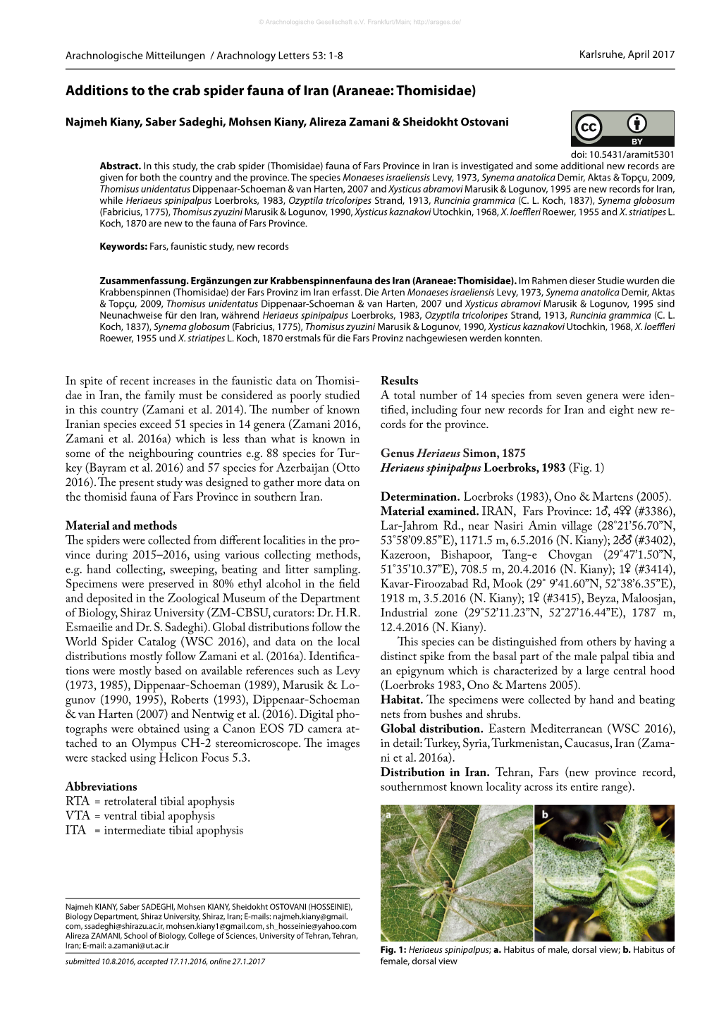 Additions to the Crab Spider Fauna of Iran (Araneae: Thomisidae)