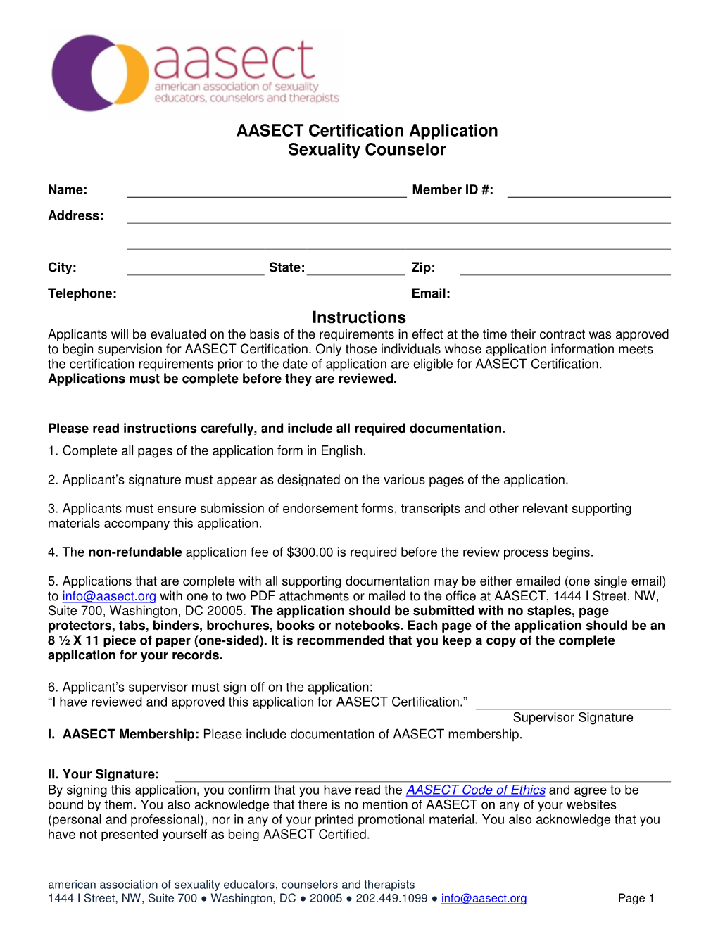 AASECT Certification Application Sexuality Counselor Instructions