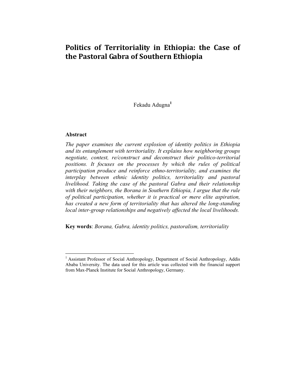 Politics of Territoriality in Ethiopia: the Case of the Pastoral Gabra of Southern Ethiopia