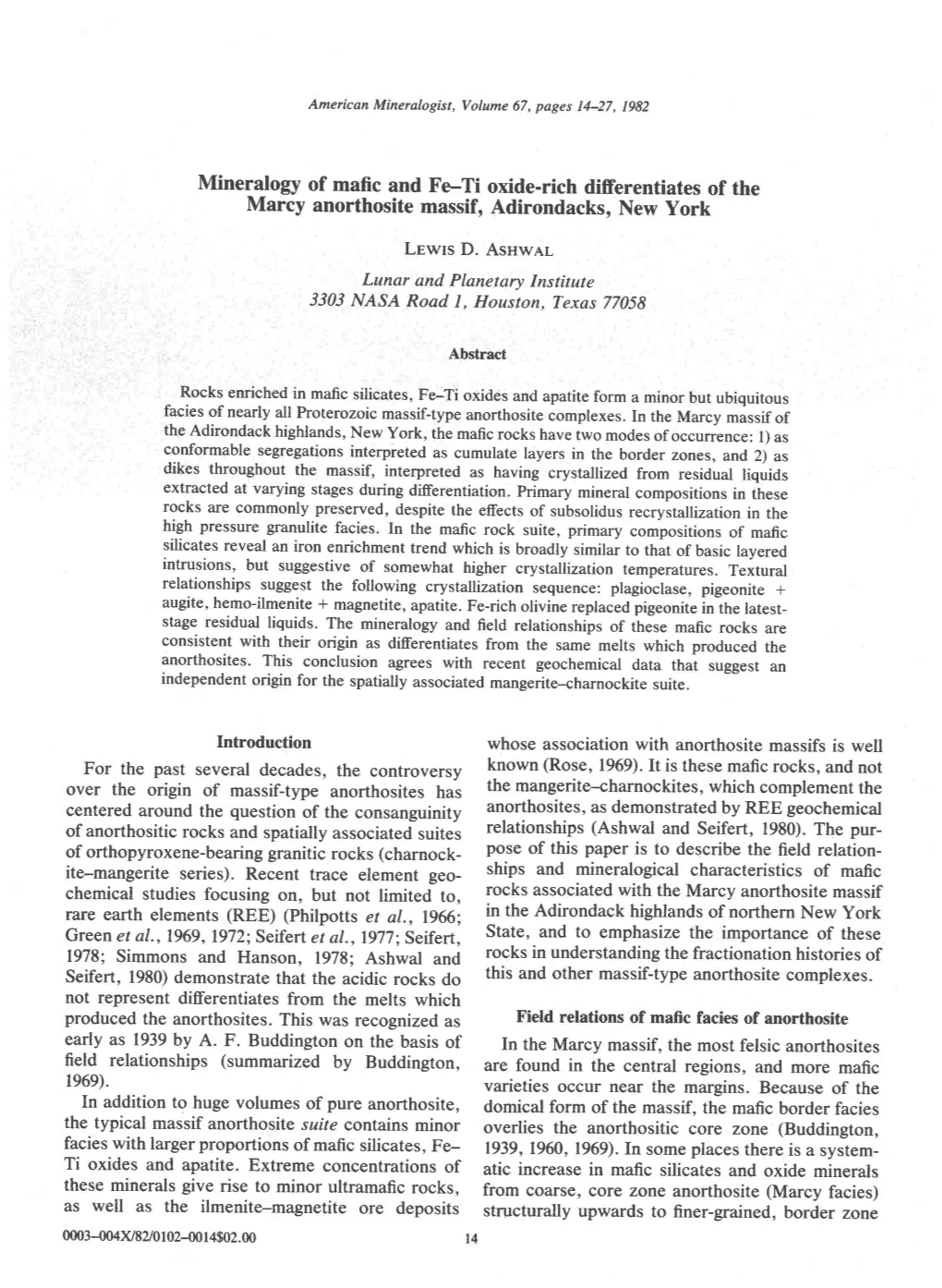 Mineralogy of Mafic and Fe.Ti Oxide-Rich Differentiates of The