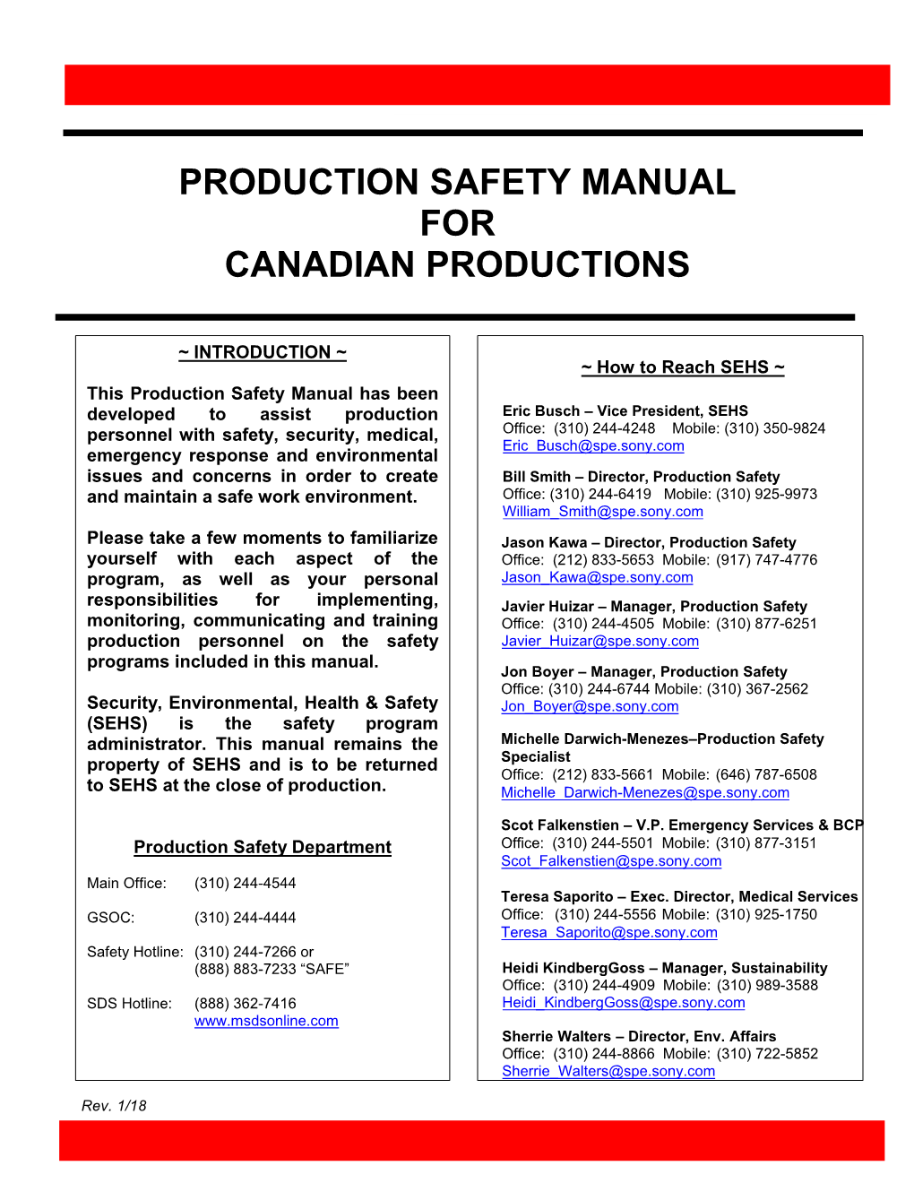Production Safety Manual for Canadian Productions