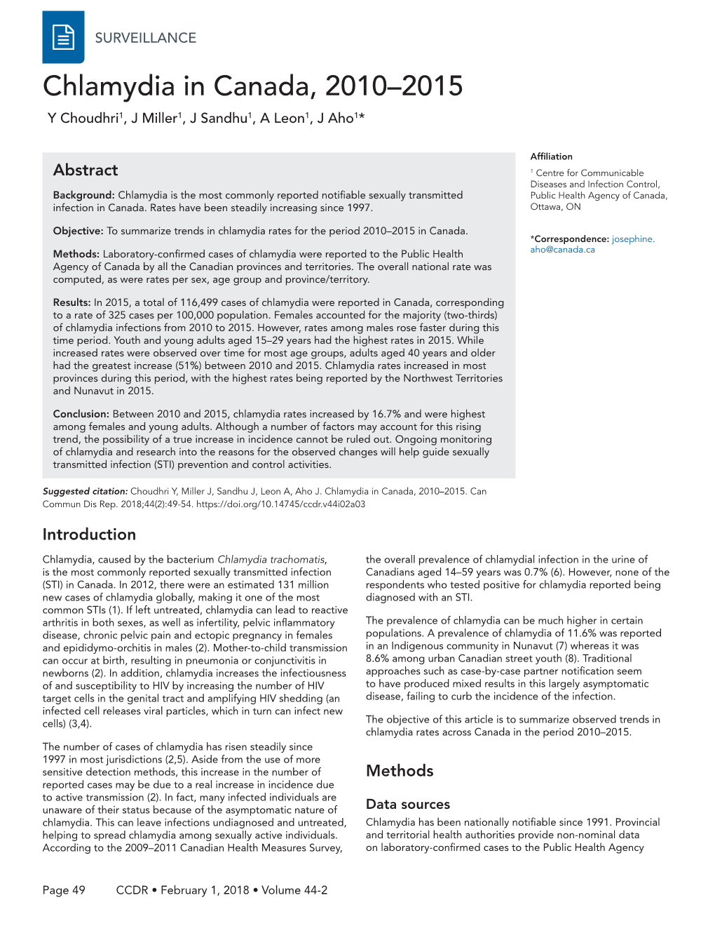 Chlamydia in Canada, 2010–2015 Y Choudhri1, J Miller1, J Sandhu1, a Leon1, J Aho1*