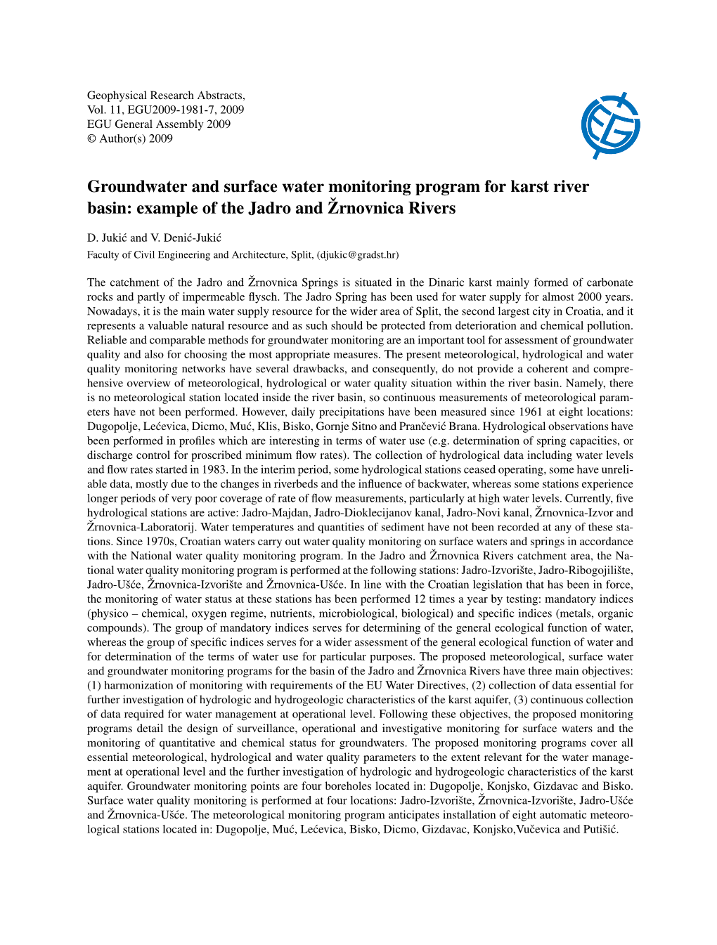 Groundwater and Surface Water Monitoring Program for Karst River Basin: Example of the Jadro and Žrnovnica Rivers