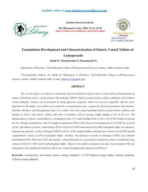 Formulation Development and Characterization of Enteric Coated Tablets of Lansoprazole Balaji M*, Ramyakrishna N, Hanumanaik M