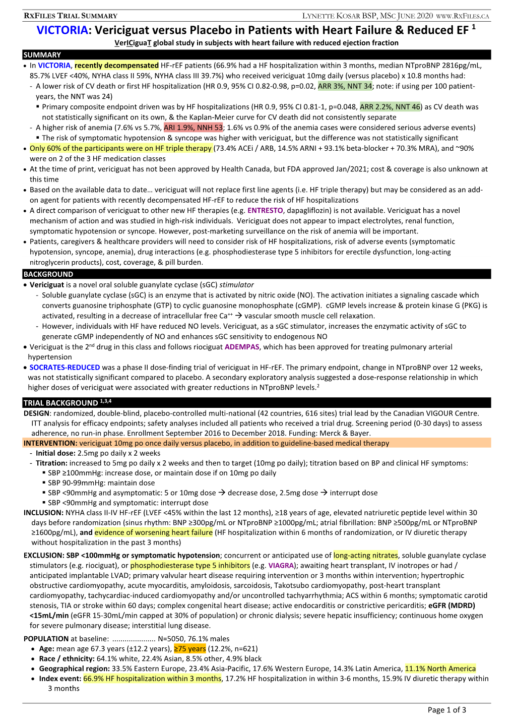 VICTORIA Trial Summary- Vericiguat in Heart Failure June 2020