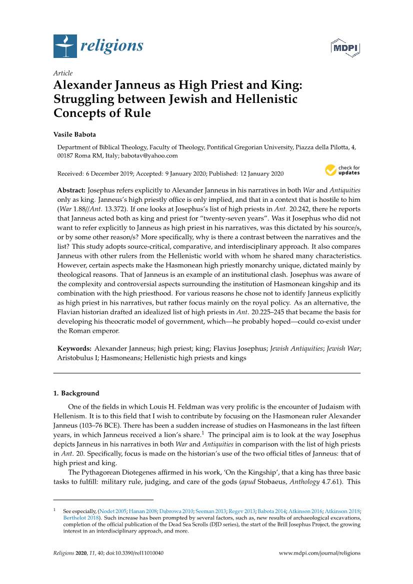 Alexander Janneus As High Priest and King: Struggling Between Jewish and Hellenistic Concepts of Rule