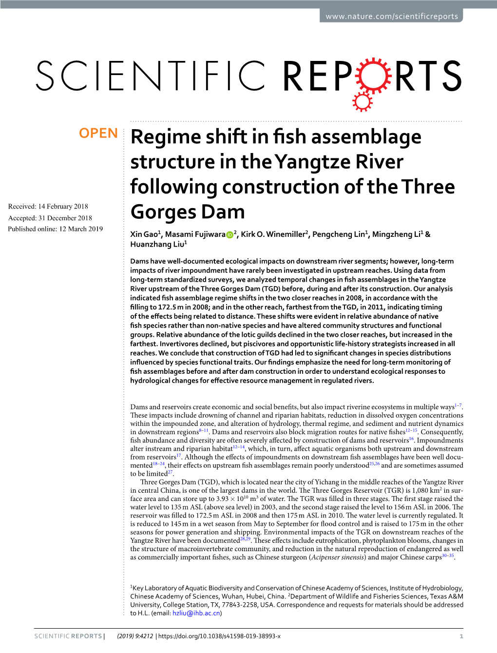 Regime Shift in Fish Assemblage Structure in the Yangtze River