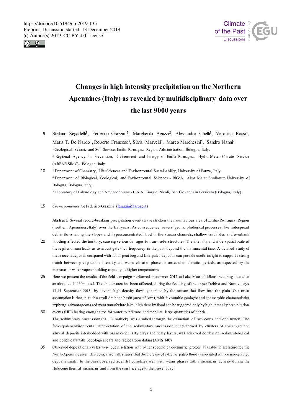 Changes in High Intensity Precipitation on the Northern Apennines (Italy) As Revealed by Multidisciplinary Data Over the Last 9000 Years