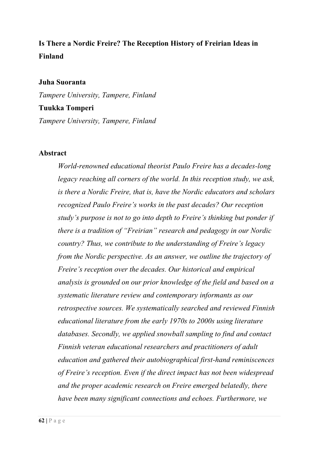 Is There a Nordic Freire? the Reception History of Freirian Ideas in Finland