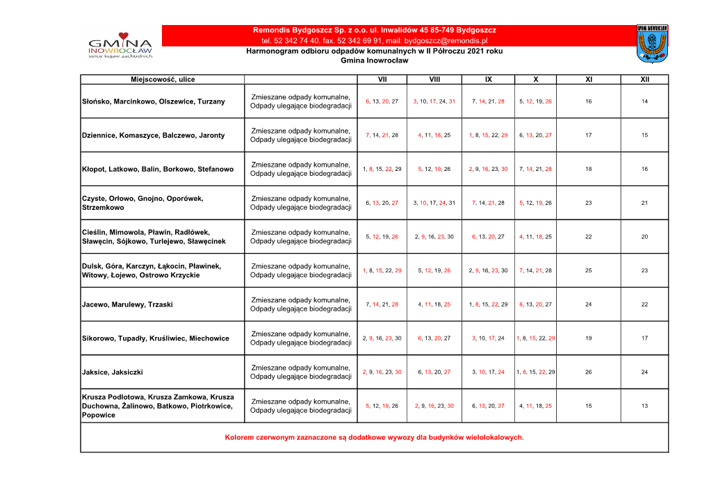 Bydgoszcz@Remondis.Pl Harmonogram Odbioru Odpadów Komunalnych W II Półroczu 2021 Roku Gmina Inowrocław