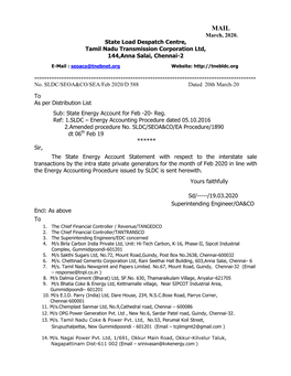 March, 2020. State Load Despatch Centre, Tamil Nadu Transmission Corporation Ltd, 144,Anna Salai, Chennai-2