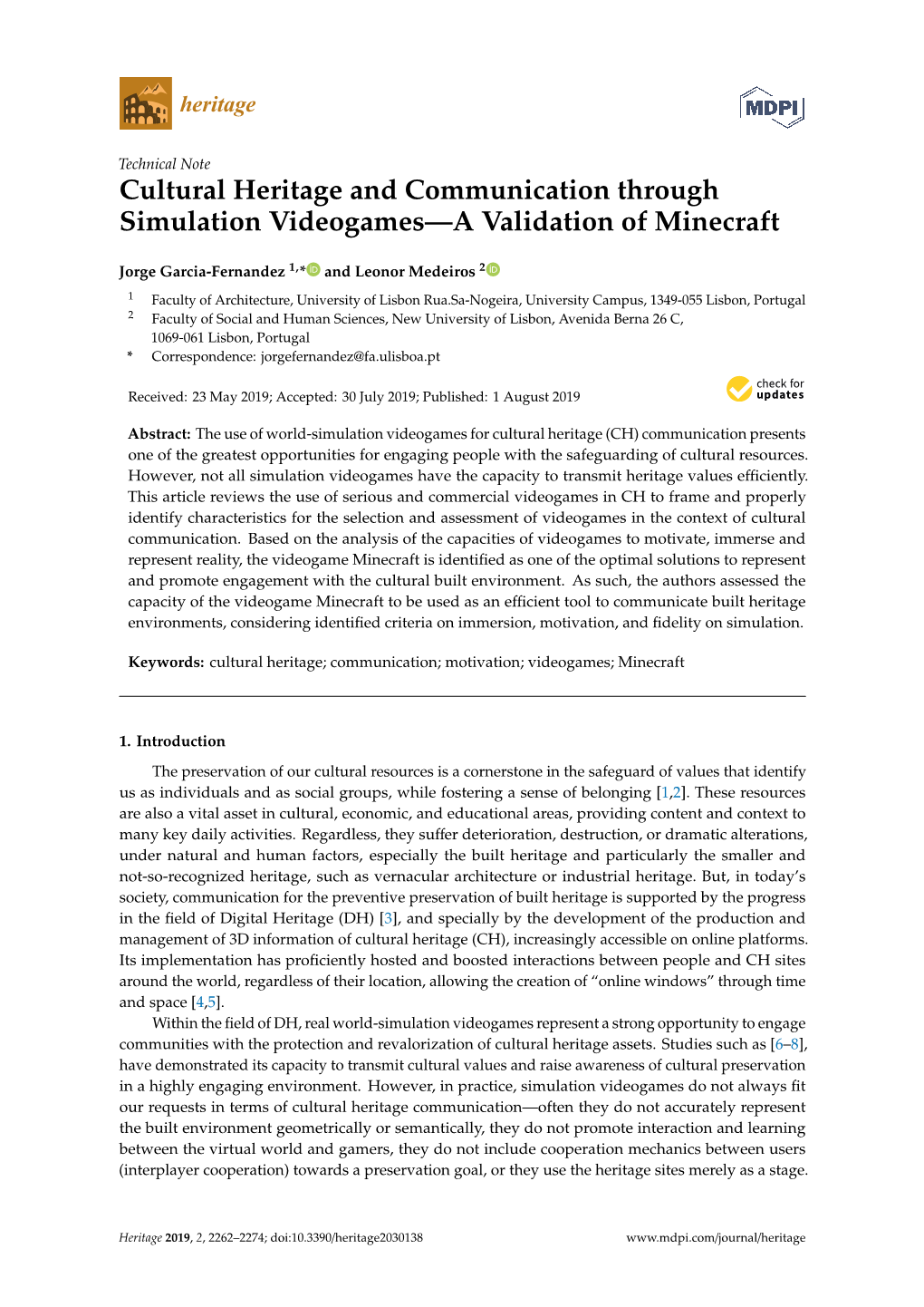 Cultural Heritage and Communication Through Simulation Videogames—A Validation of Minecraft