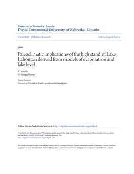 Paleoclimatic Implications of the High Stand of Lake Lahontan Derived from Models of Evaporation and Lake Level S Hostetler US Geological Survey